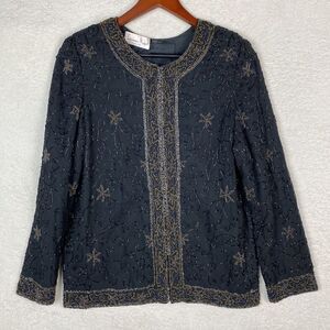 Laurence Kazar Jacket Size‎ Small Long Sleeve Dress Blazer Black/Gold Beaded